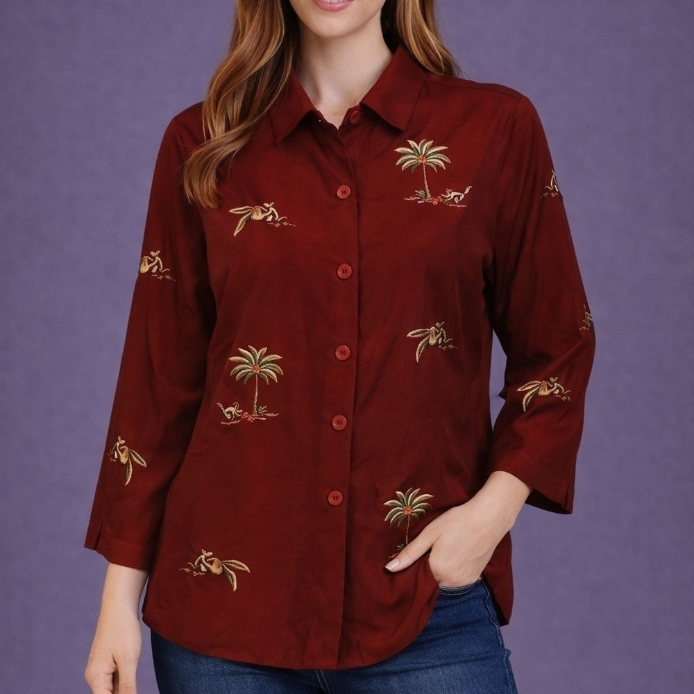 Vintage SILKLAND Maroon Palm Tree Monkey Embroidered Button Down Shacket